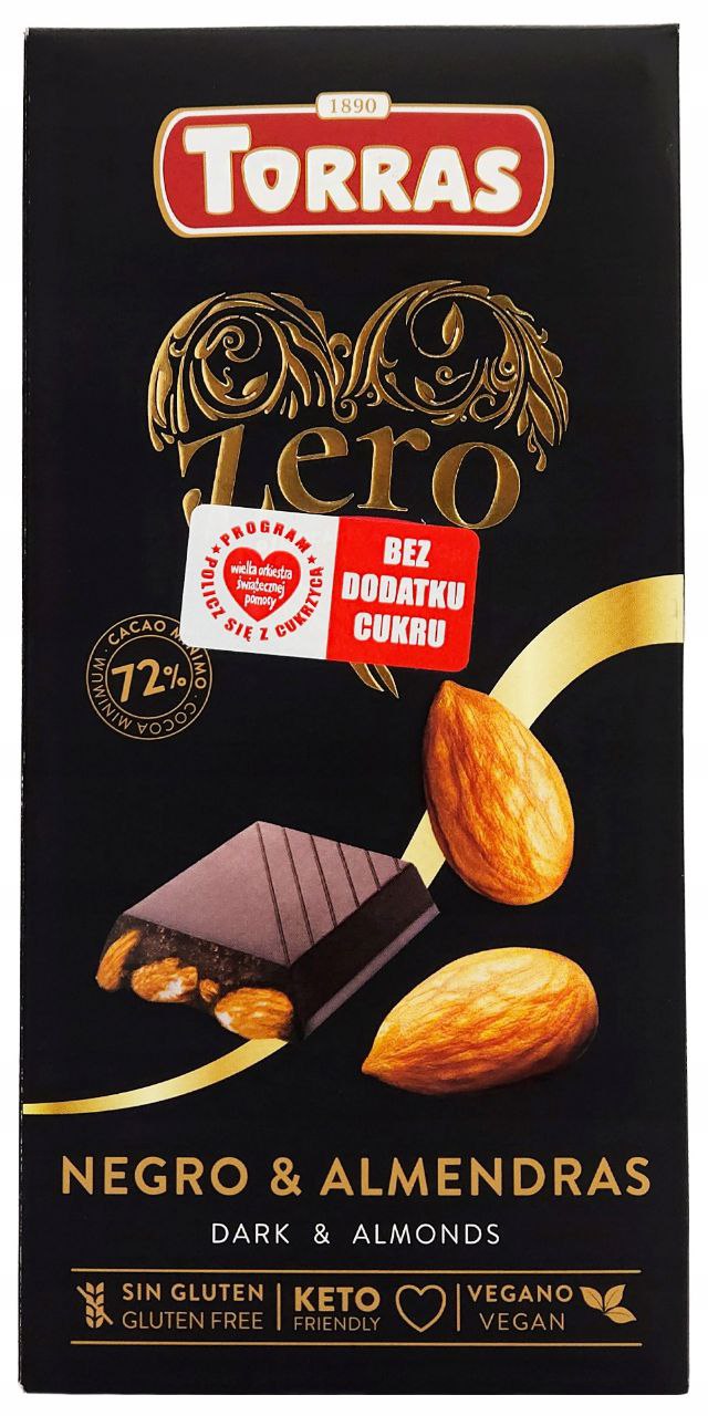 Шоколад чорний 73 Torras Zero з мигдалем 150г